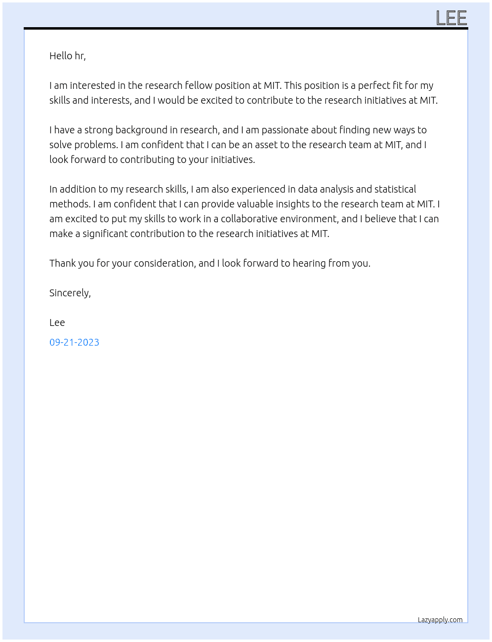 research fellow At MIT Cover Letter