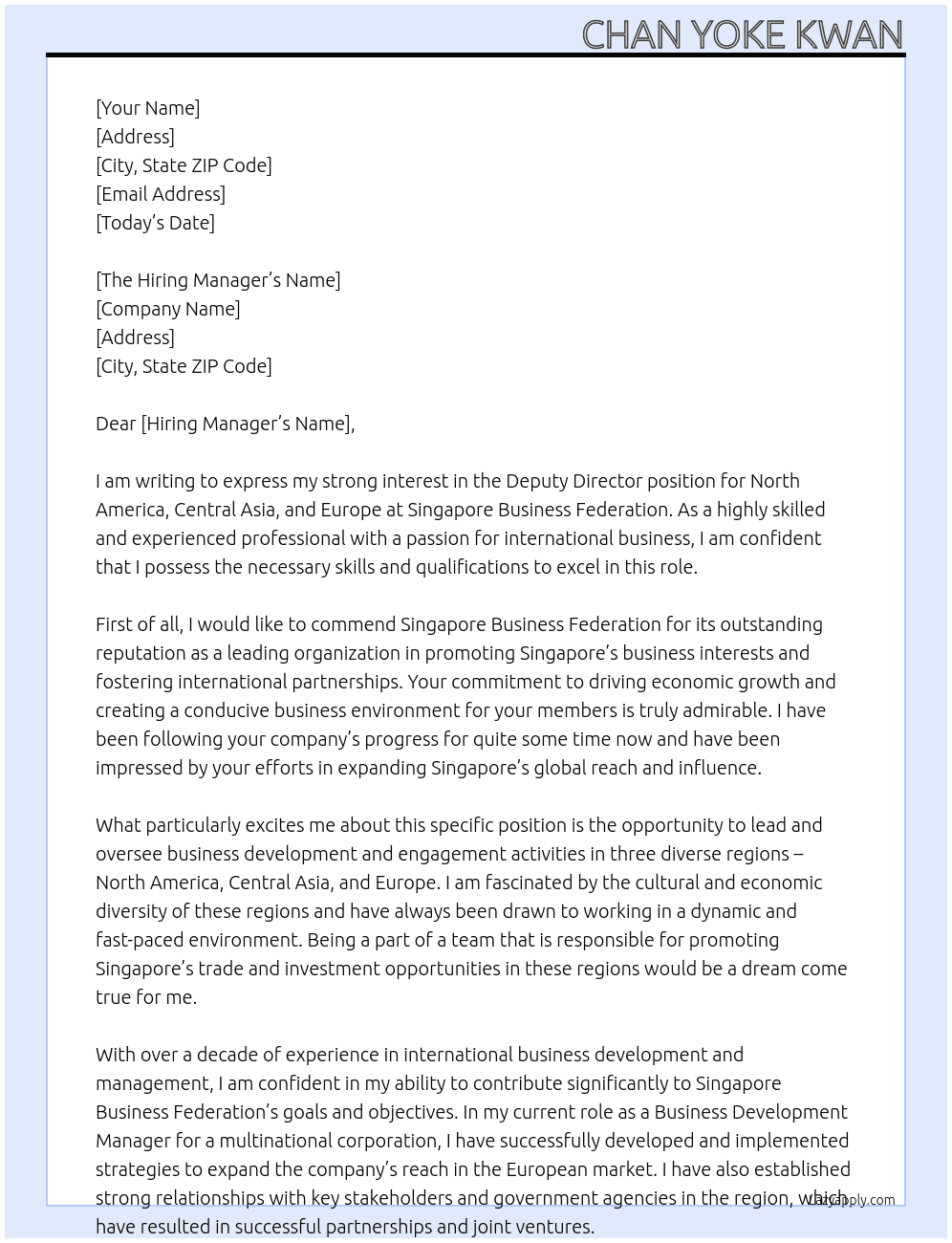 Deputy Director (North America, Central Asia, Europe) At Singapore Business Federation Cover Letter