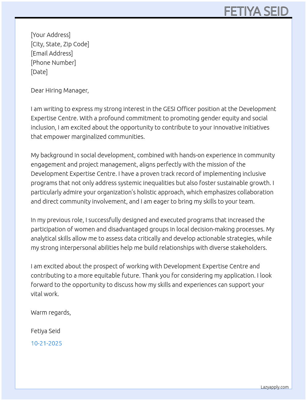GESI officer  At Development Expertise Centre  Cover Letter