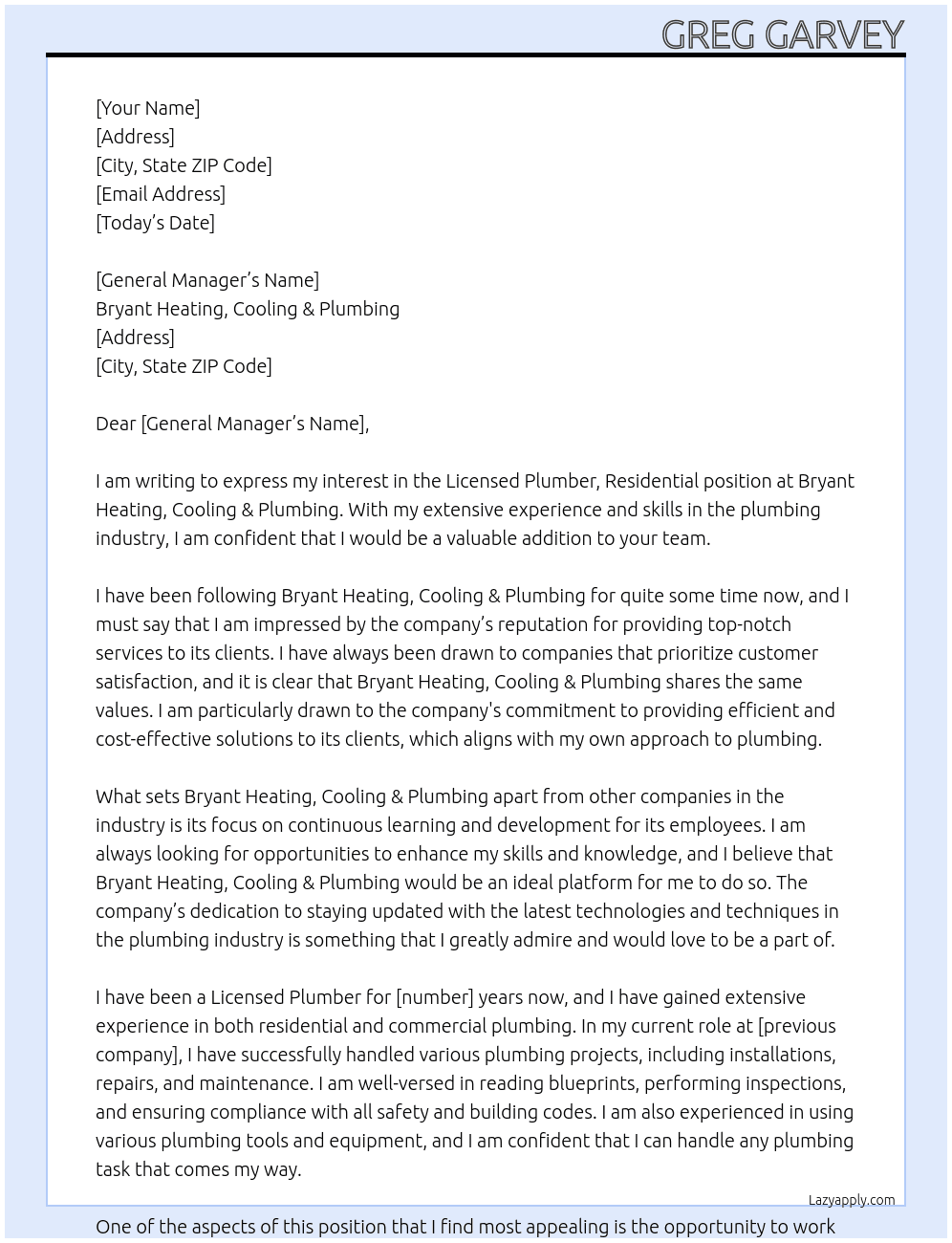 Licensed Plumber, Residential At Bryant Heating, Cooling & Plumbing Cover Letter