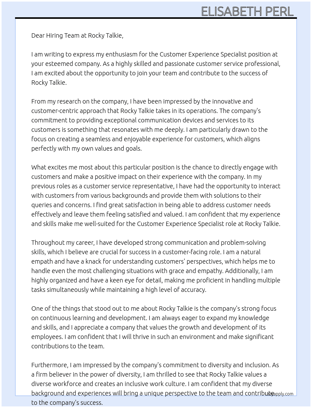 Customer Experience Specialist  At Rocky Talkie  Cover Letter
