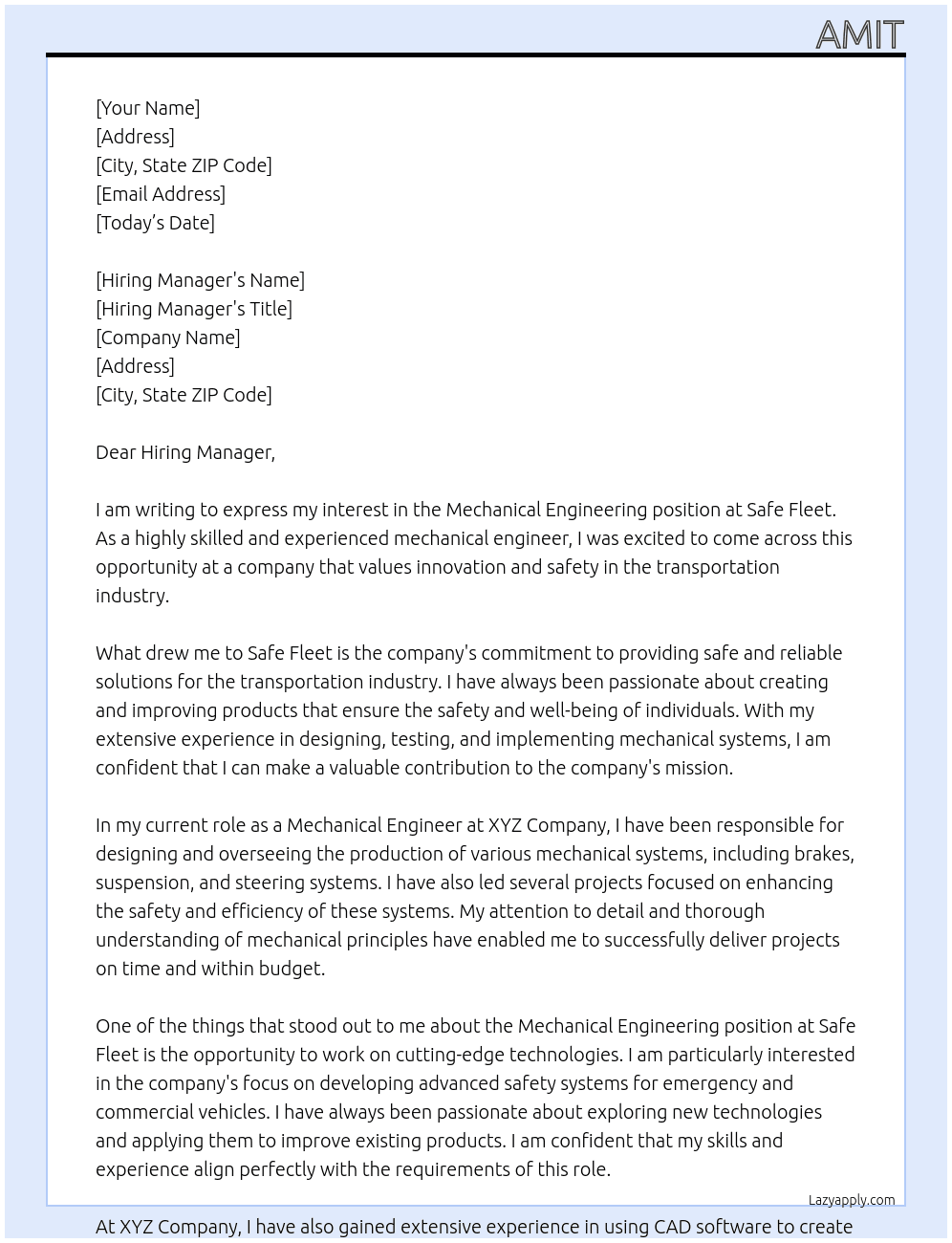 Mechanical Engineering At Safe Fleet Cover Letter