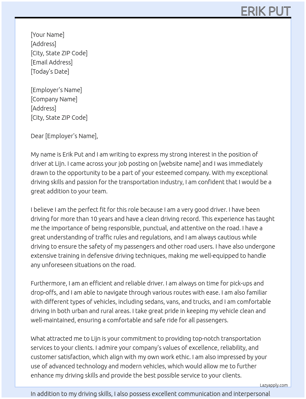 I am a very good driver because At lijn Cover Letter