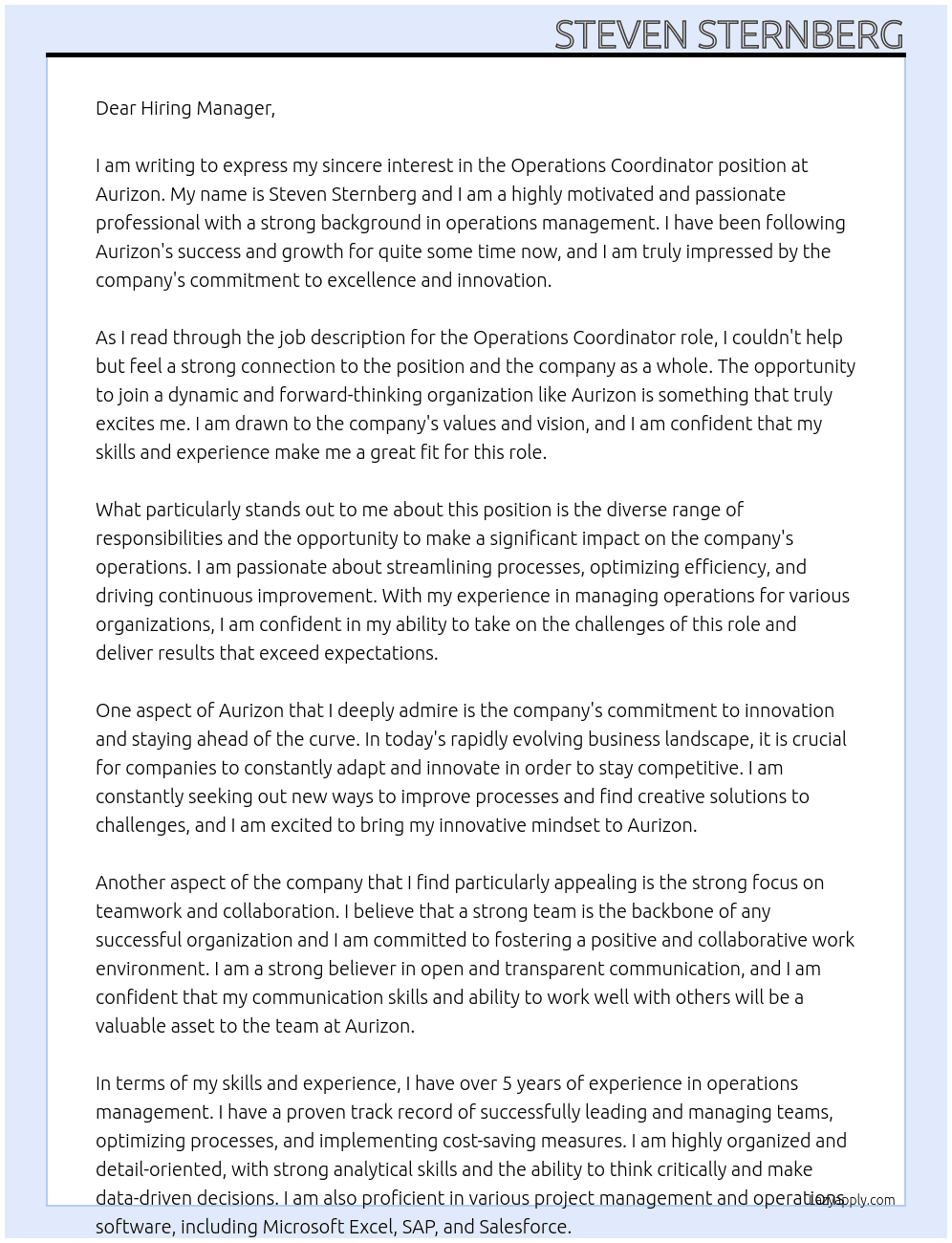 Operations Coordinator At Aurizon Cover Letter