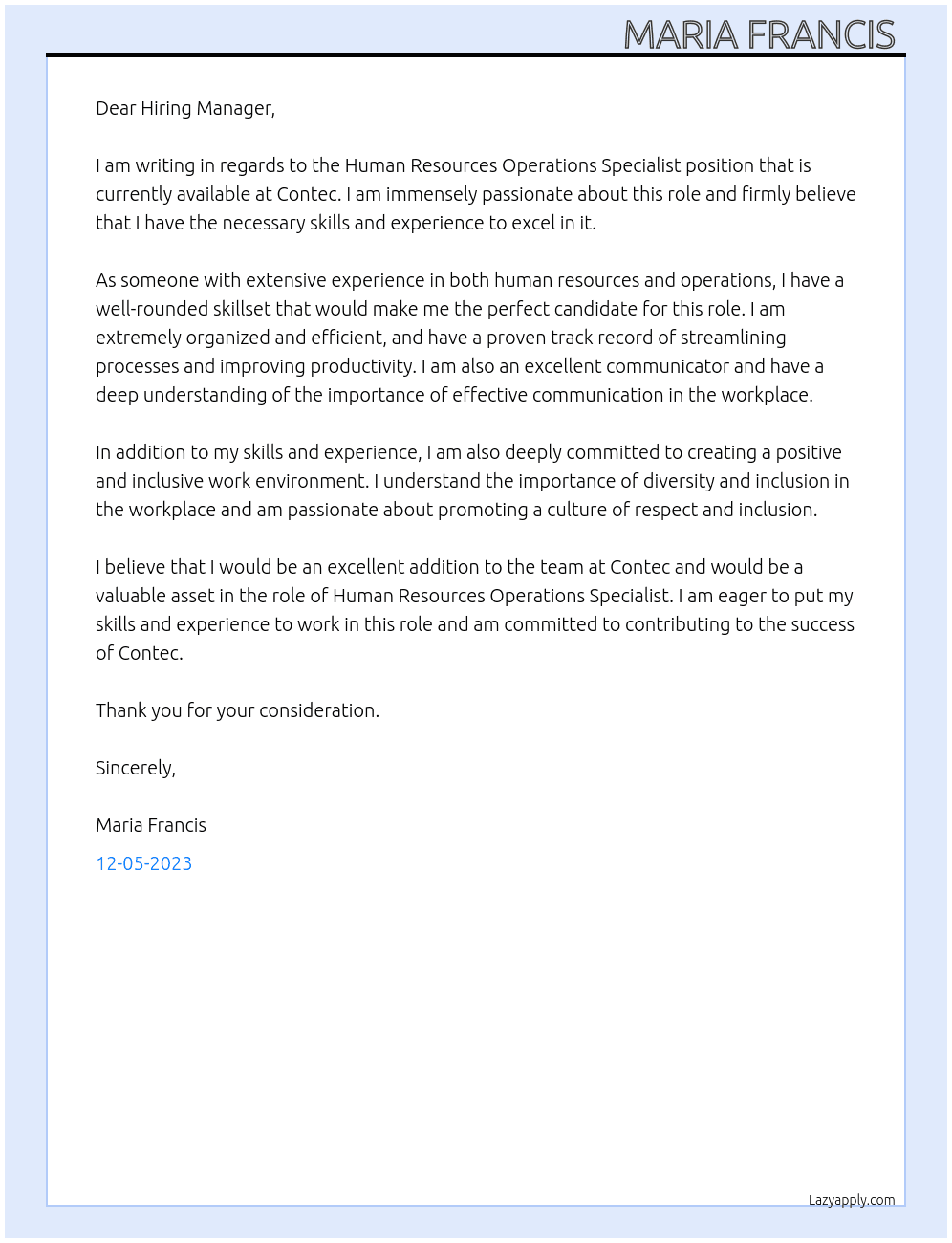Human Resources Operations Specialist  At Contec Cover Letter