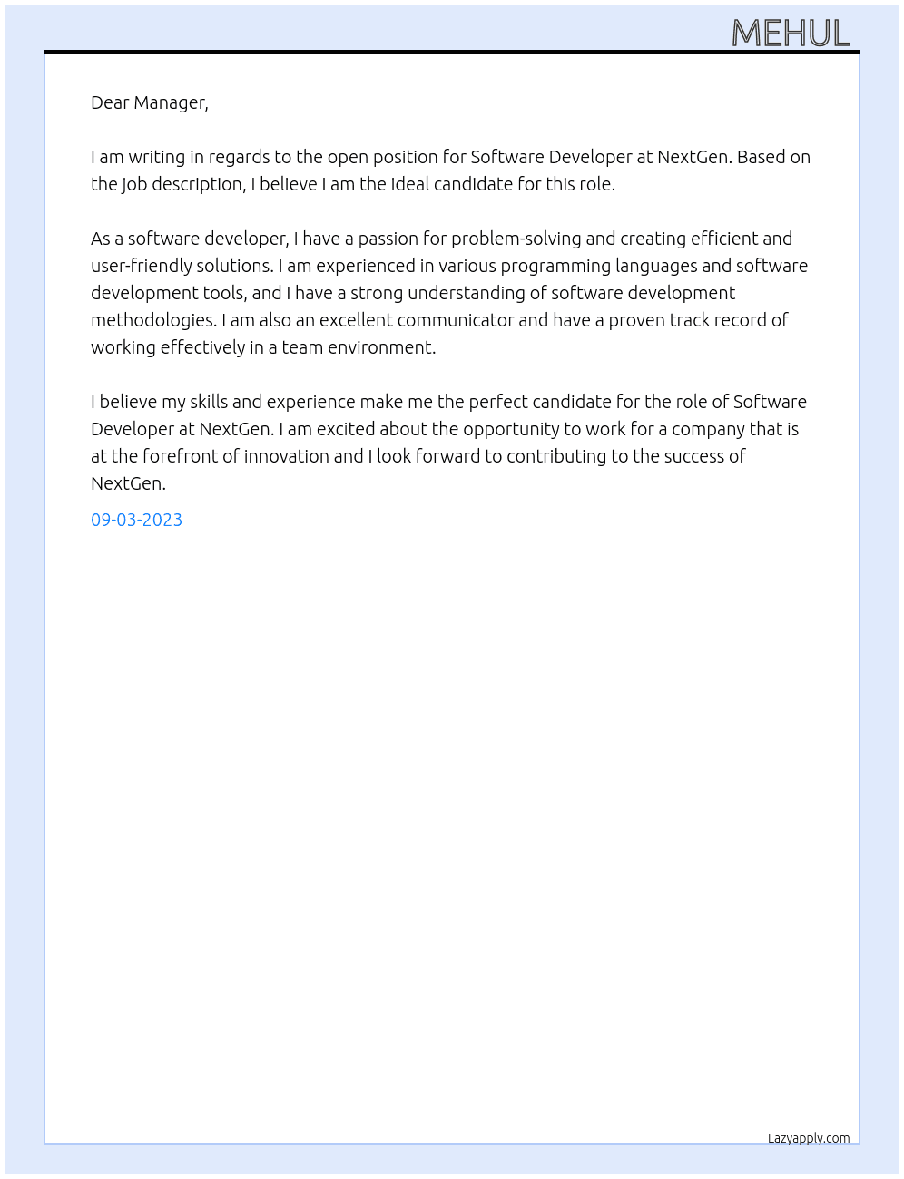 Software Developer  At NextGen Cover Letter