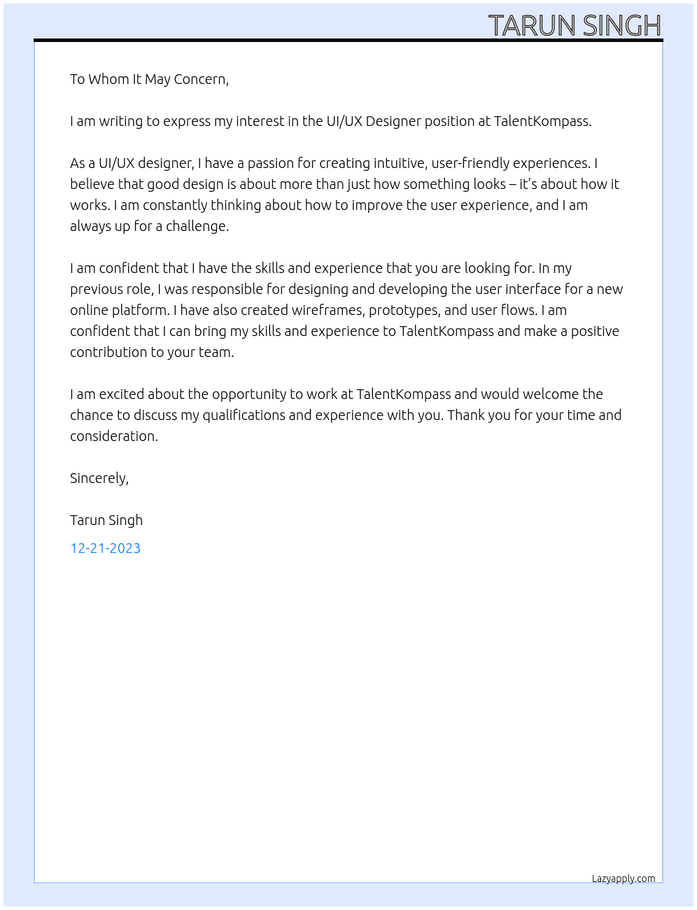 ui ux designer At TalentKompass  Cover Letter