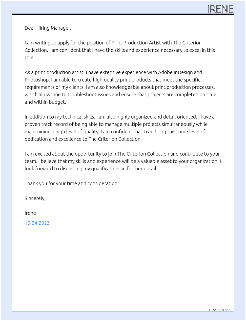 Print Production Artist At The Criterion Collection Cover Letter