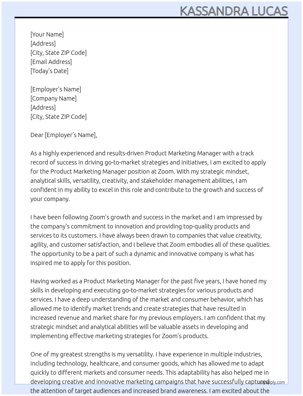 Product Marketing Manager At Zoom Cover Letter