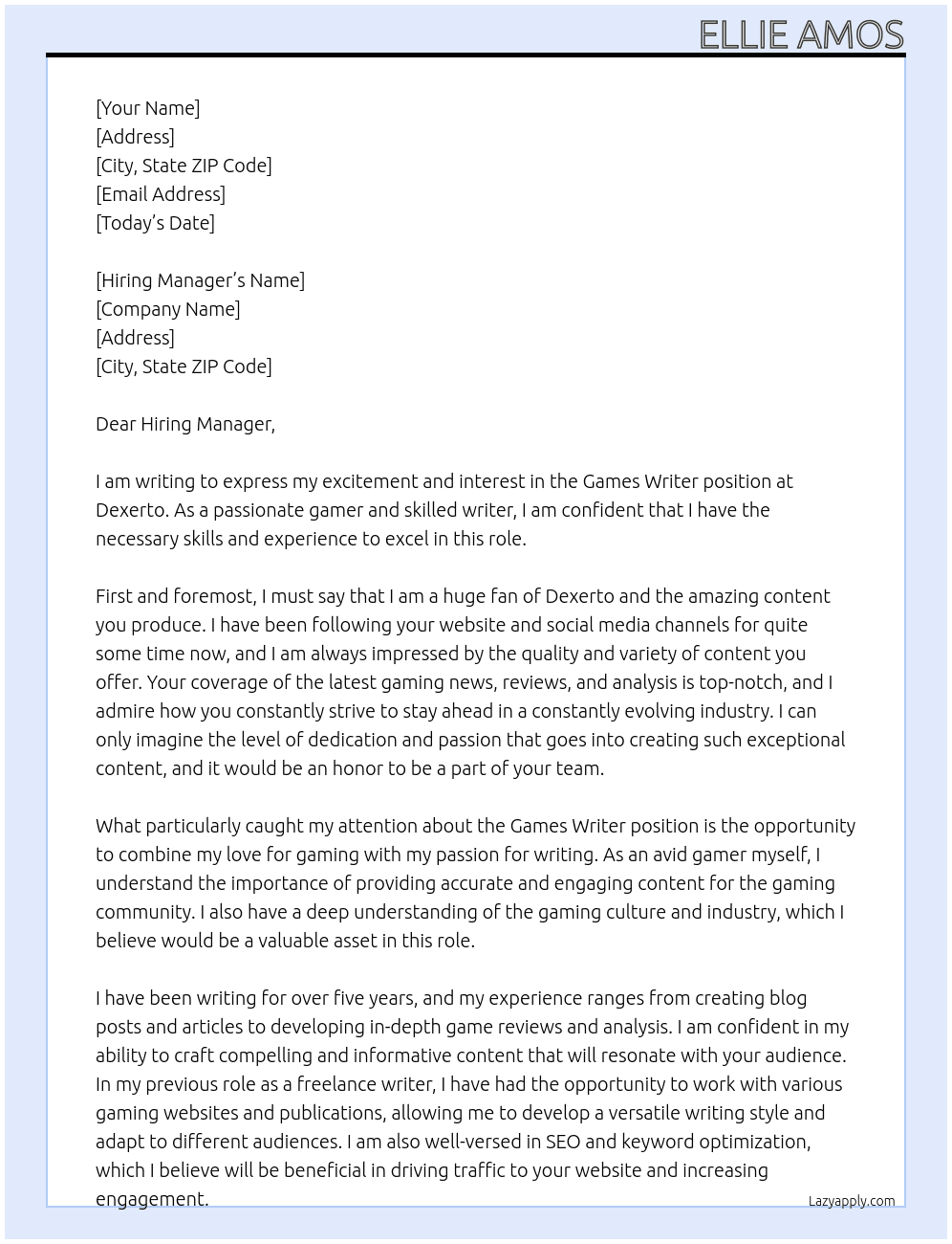 Games Writer At Dexerto Cover Letter