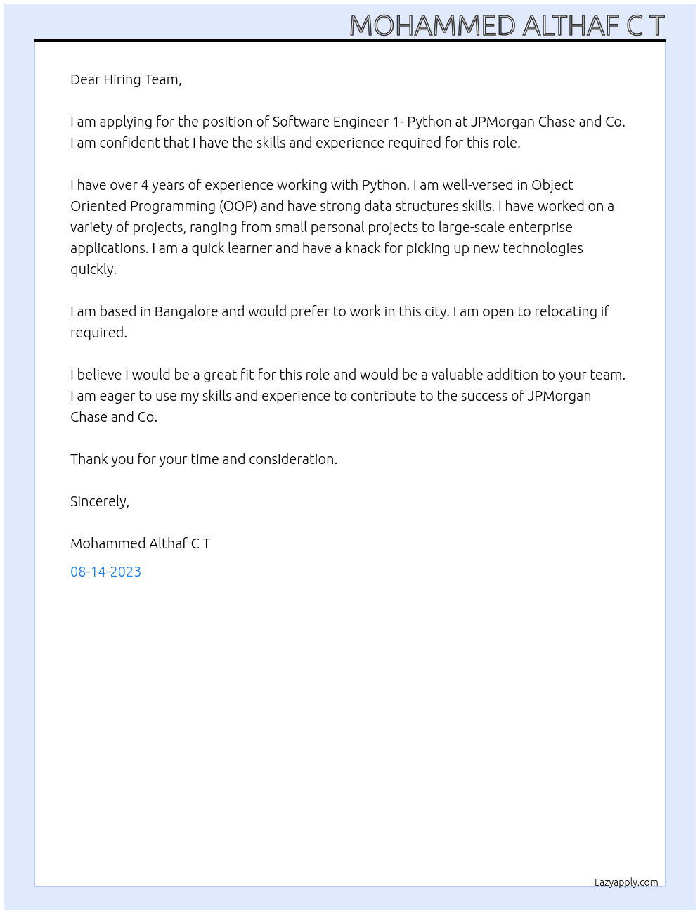 Software Engineer 1- Python At JPMorgan Chase and Co Cover Letter