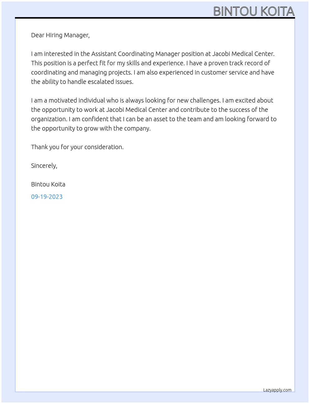 assistant coordinating manager At Jacobi Medical Center Cover Letter