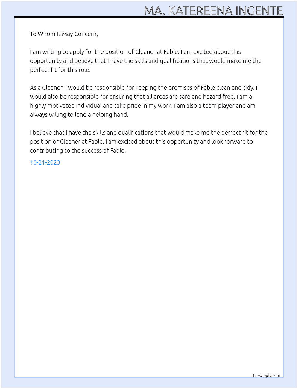 Cleaner At Fable Cover Letter
