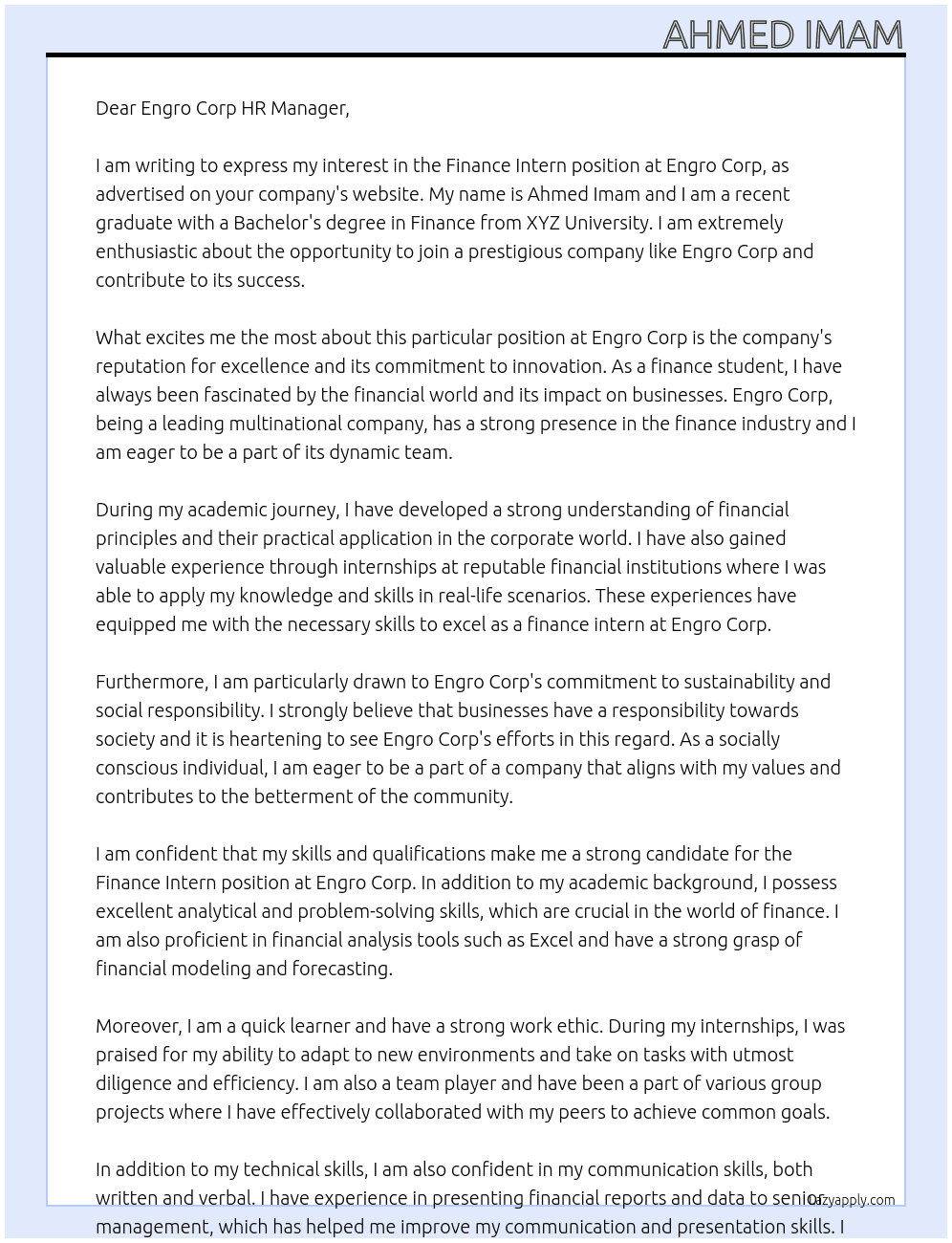 Finance Intern At Engro Corp Cover Letter