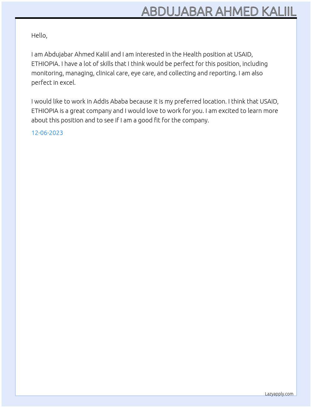 Health At USAID, ETHIOPIA Cover Letter