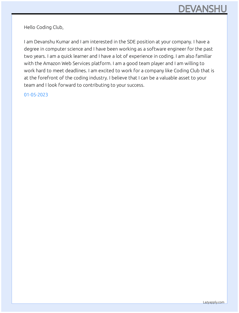 SDE At Coding Club Cover Letter