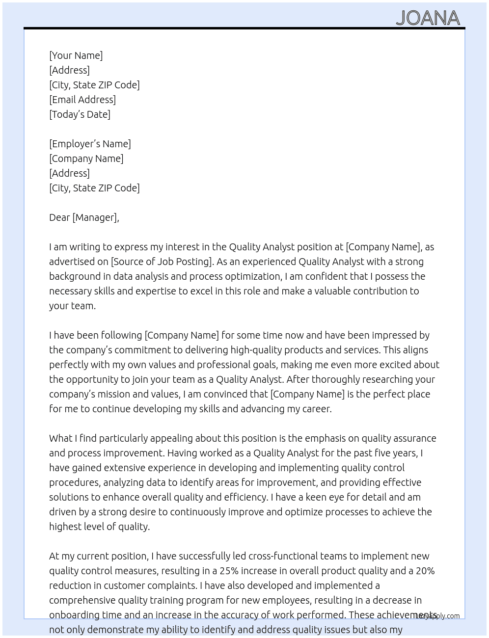 Quality Analyst  At Quality Analyst  Cover Letter