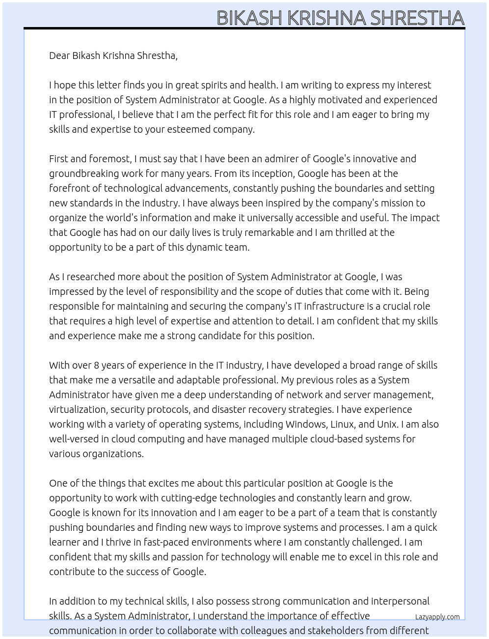 system administrator At google Cover Letter