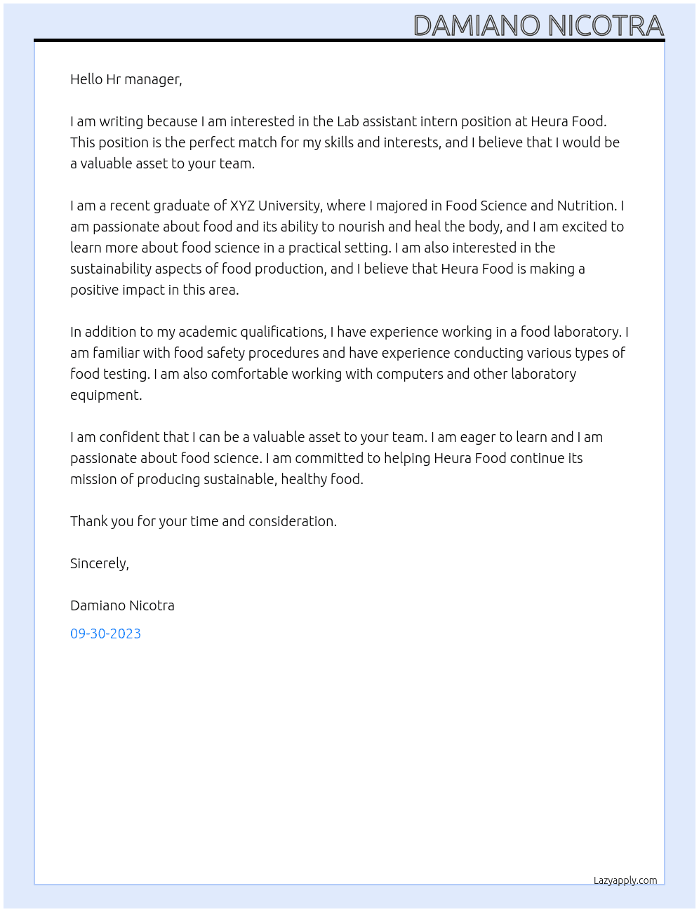 Lab assistant intern At Heura Food Cover Letter