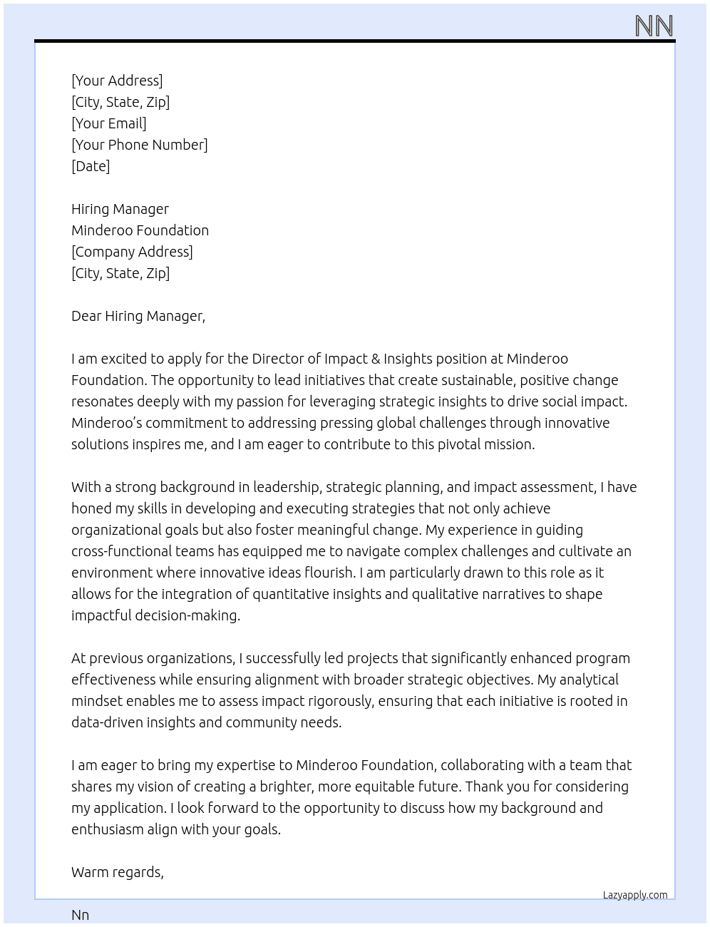 Director Impact & Insights At Minderoo Foundation Cover Letter