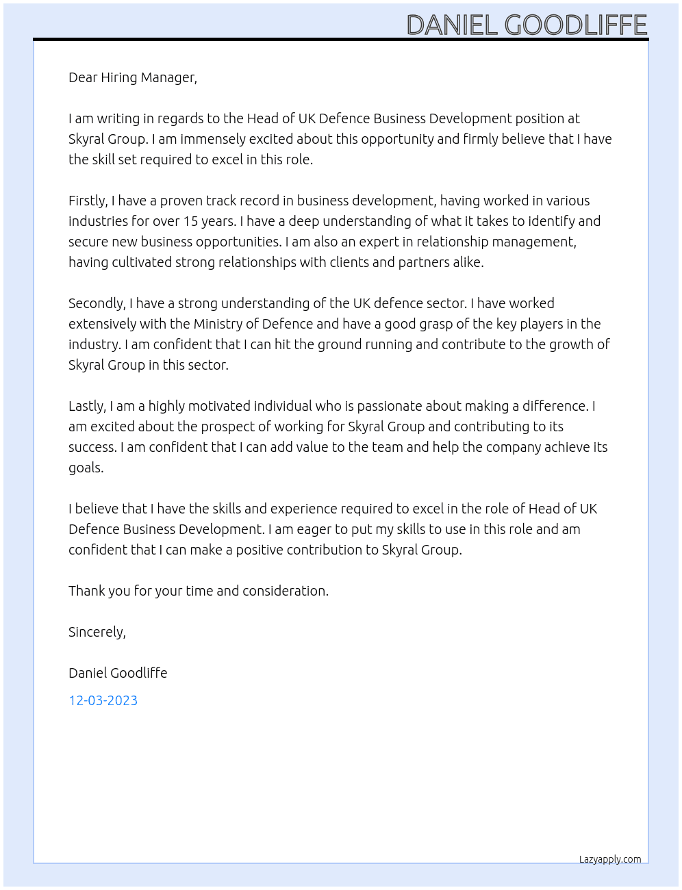 Head of UK Defence Business Development At Skyral Group Cover Letter