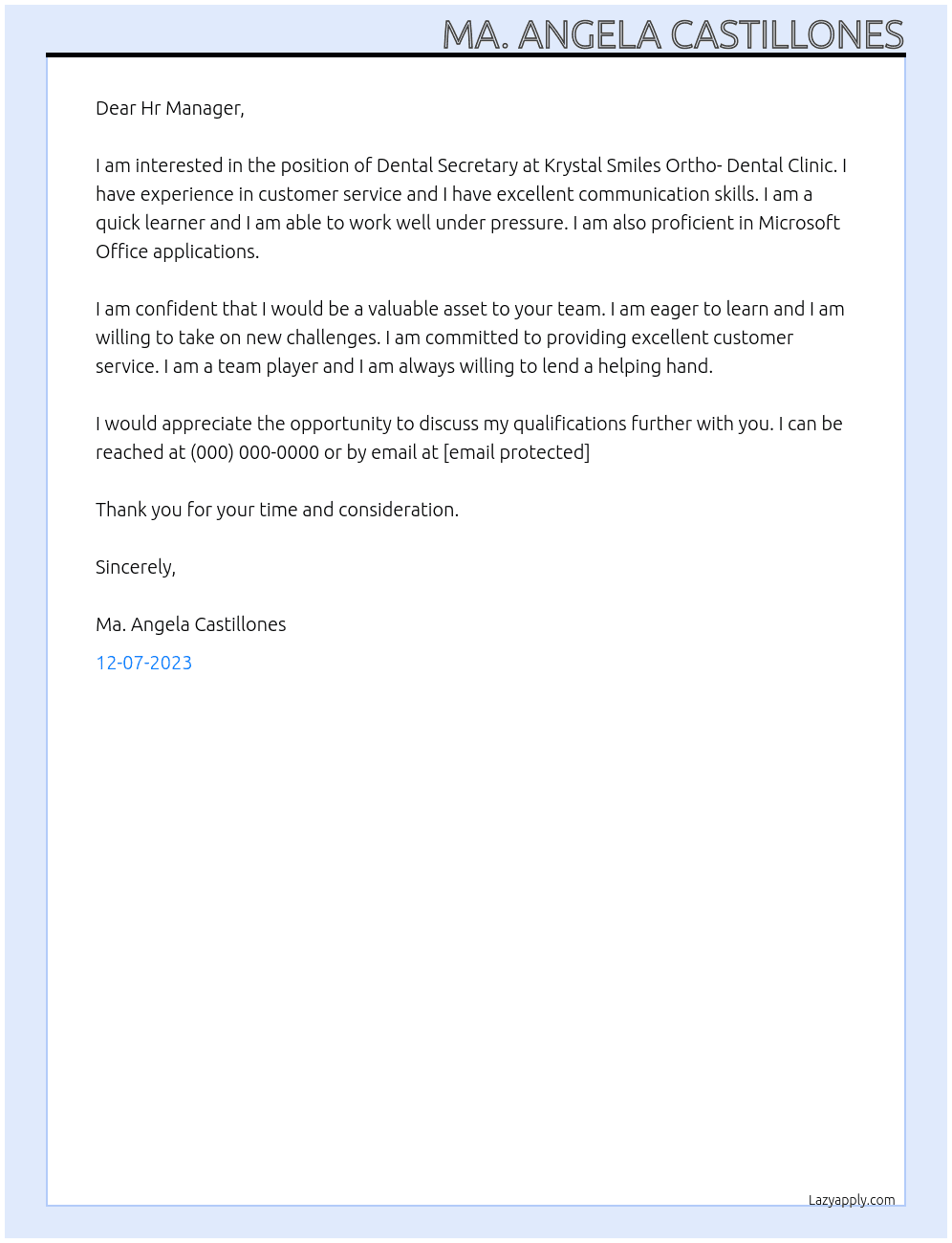 Dental Secretary At Krystal smiles otho- dental clinic Cover Letter