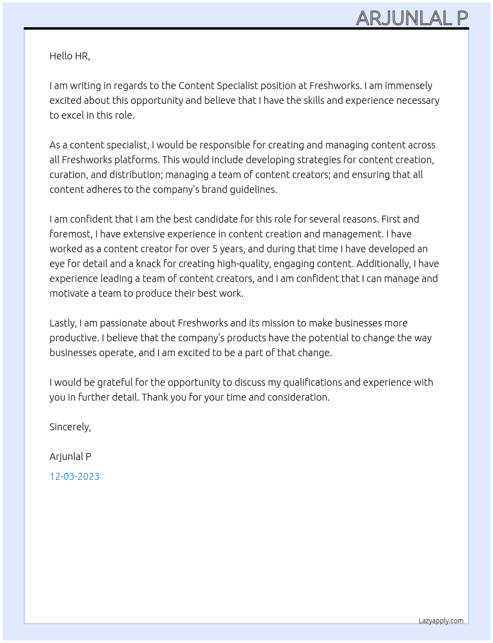 Content specialist At Freshworks  Cover Letter