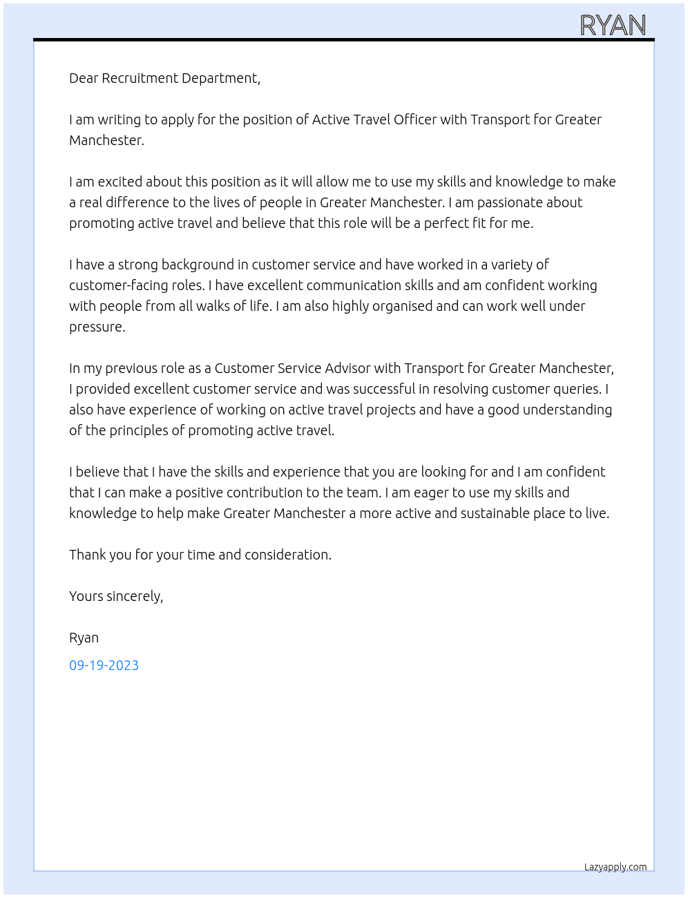 Active travel Officer  At Transport for Greater Manchester  Cover Letter
