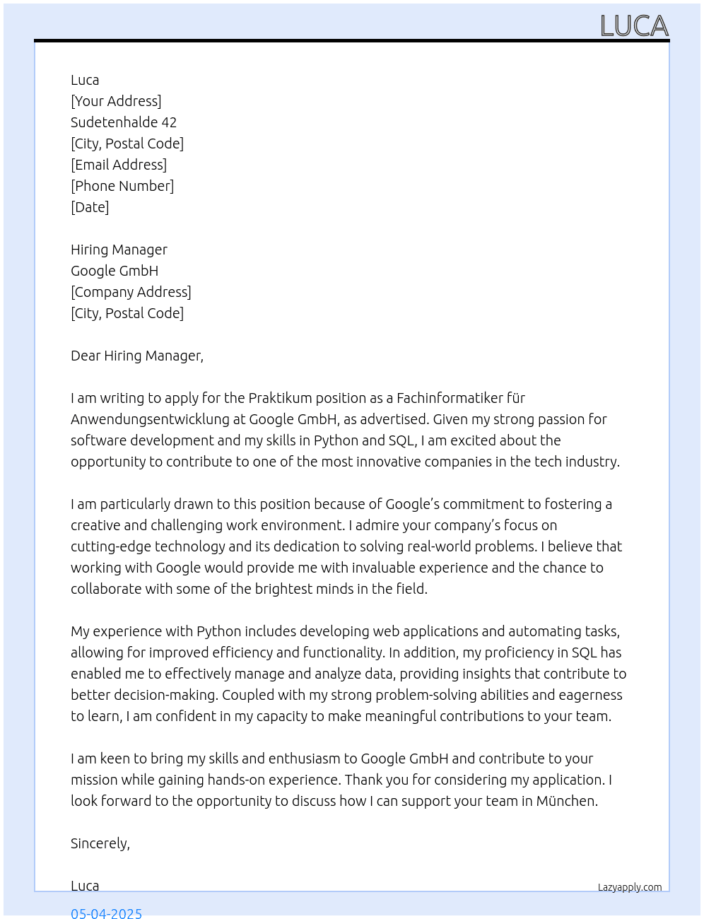 Fachinformatiker für Anwendungsentwicklung At Google Gmbh Cover Letter