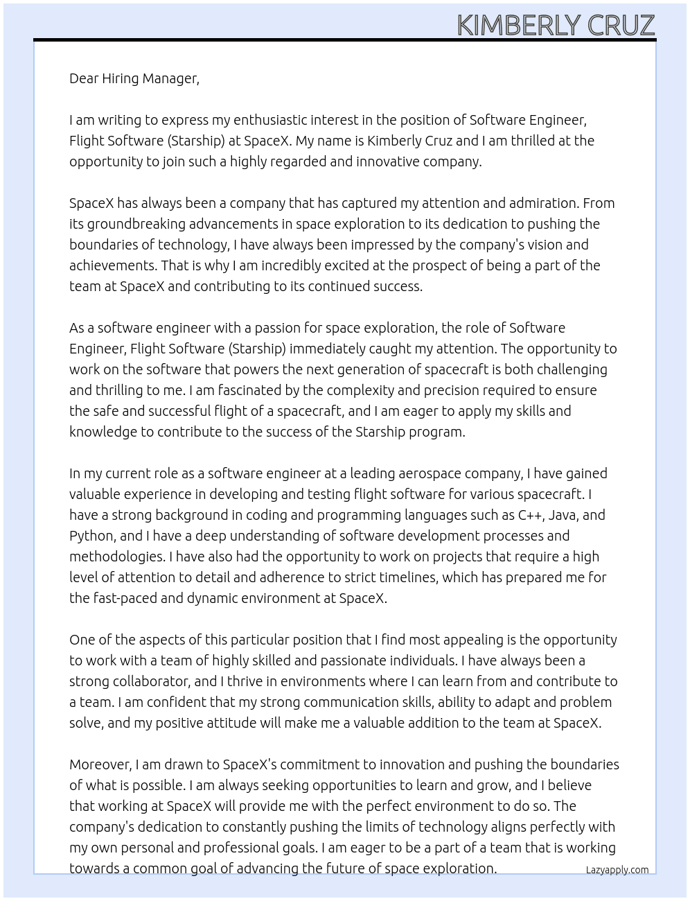 SOFTWARE ENGINEER, FLIGHT SOFTWARE (STARSHIP) At SpaceX Cover Letter