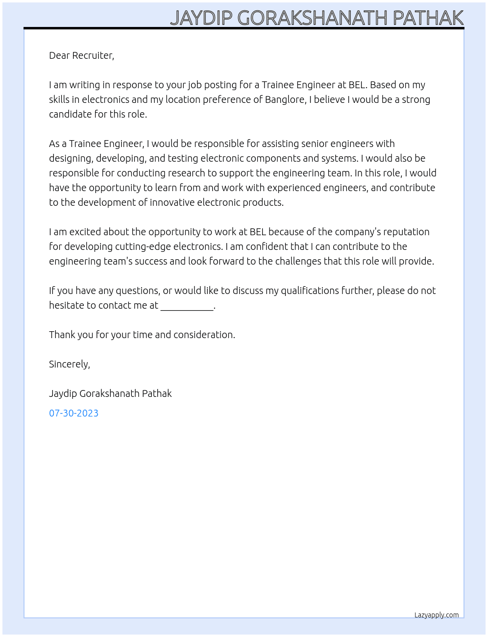 Trainee engineer At BEL Cover Letter