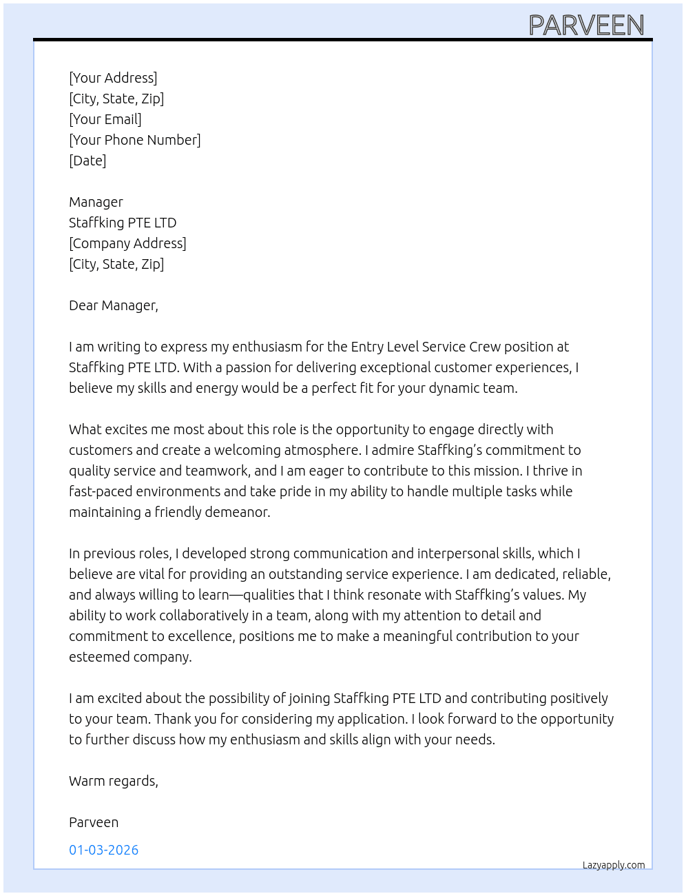 [Entry level] Service crew stall /stall crew At Staffking PTE LTD Cover Letter