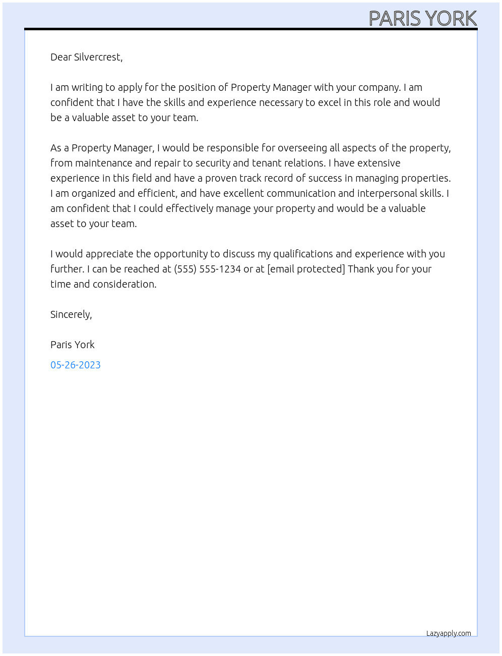 Property Manager At Silvercrest Cover Letter