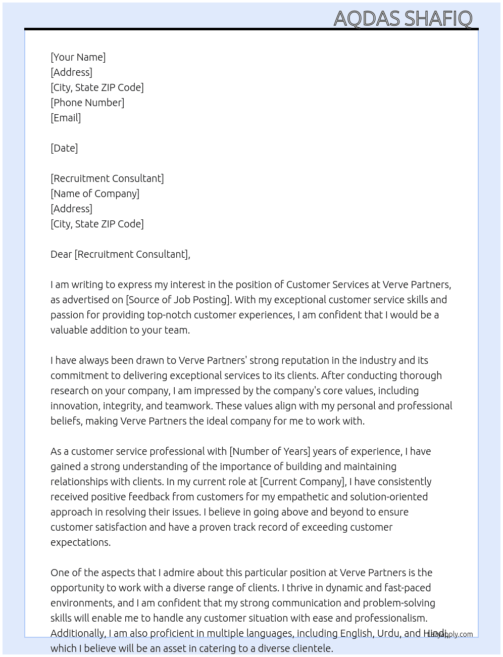 Customer services  At Verve partners  Cover Letter
