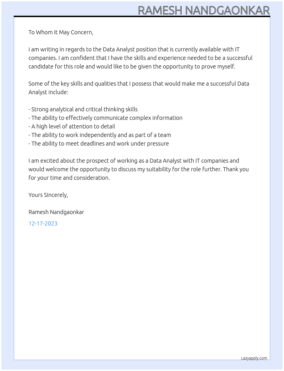 Data Analyst At it companies Cover Letter