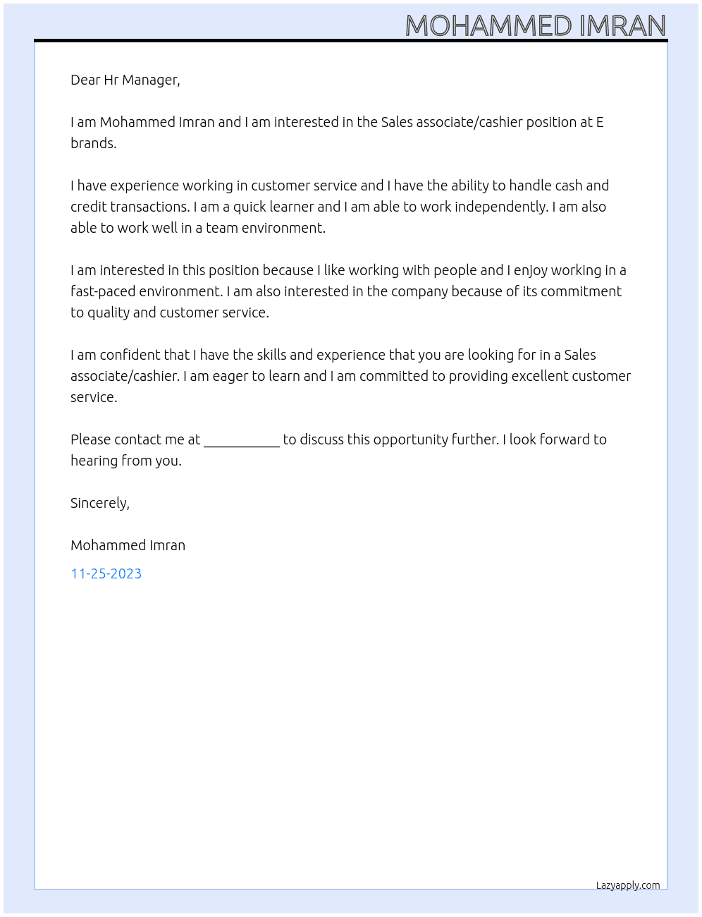 Sales associate/cashier  At E brands Cover Letter