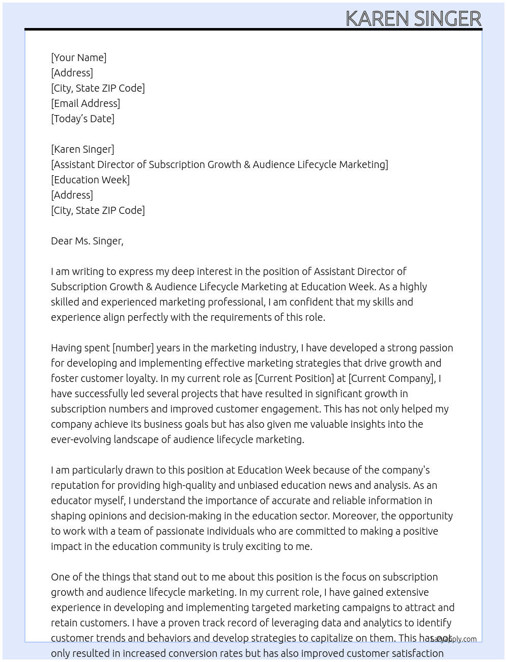 Assistant Director of Subscription Growth & Audience Lifecycle Marketing At Education Week Cover Letter