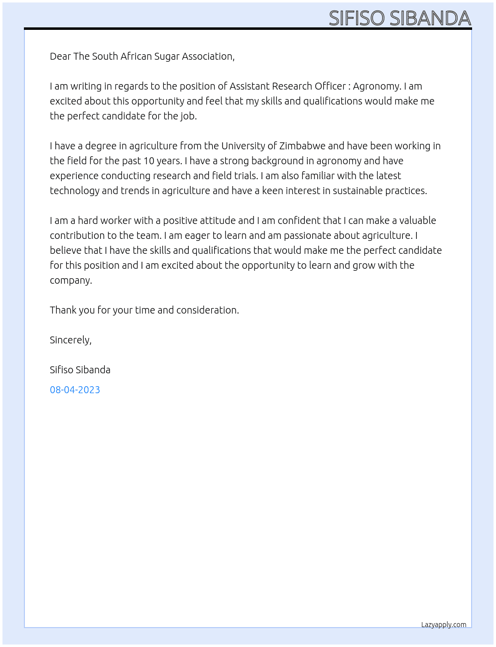 Assistant Research Officer : Agronomy At sifiso sibanda Cover Letter