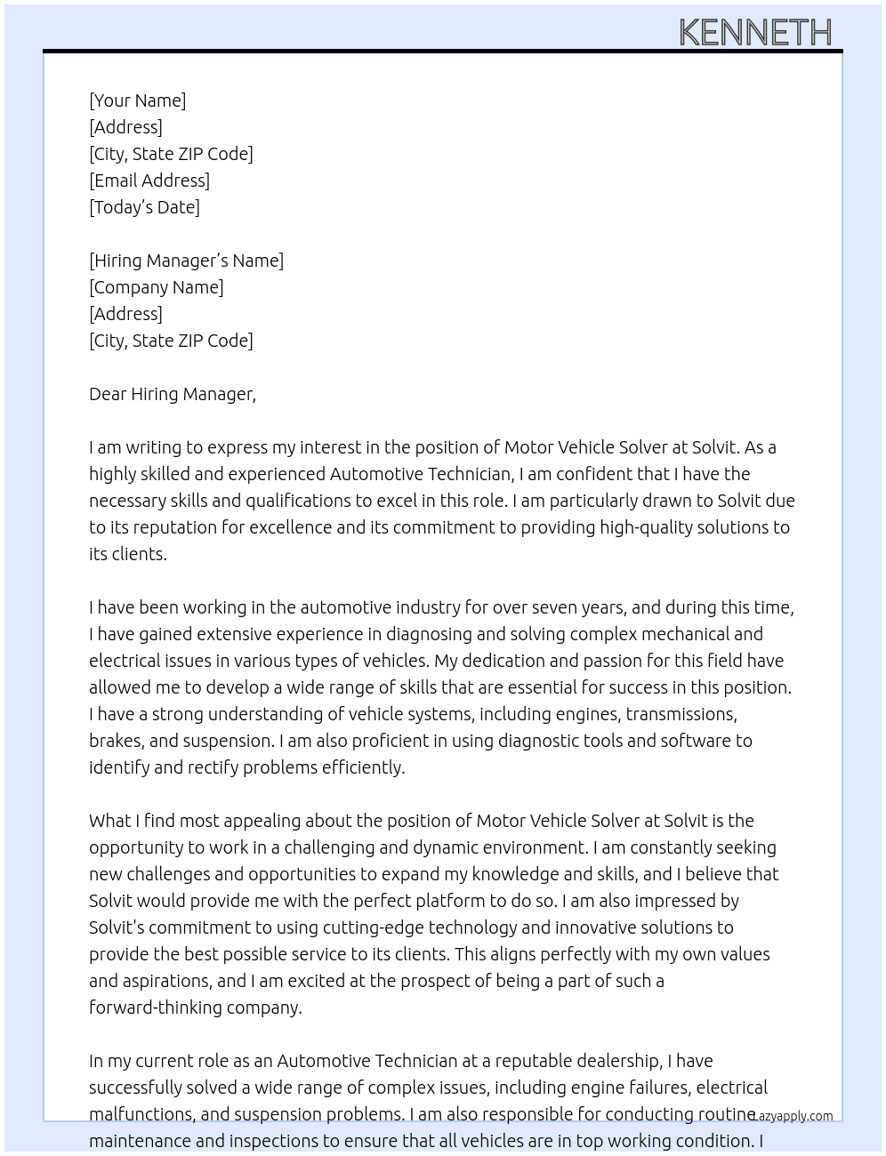 motor vehicle solver At solvit Cover Letter