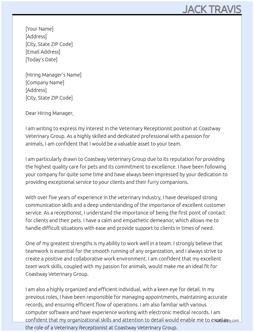 Veterinary Receptionist  At Coastway veterinary Group Cover Letter