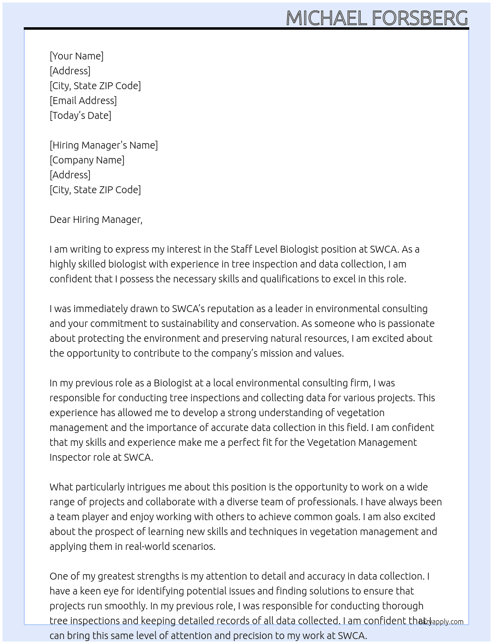 Staff Level Biologist At SWCA Cover Letter