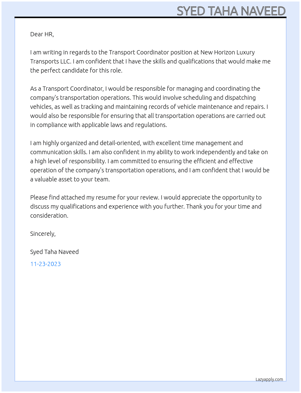 Transport Cordinator At New Horizon Luxury Transports LLC Cover Letter