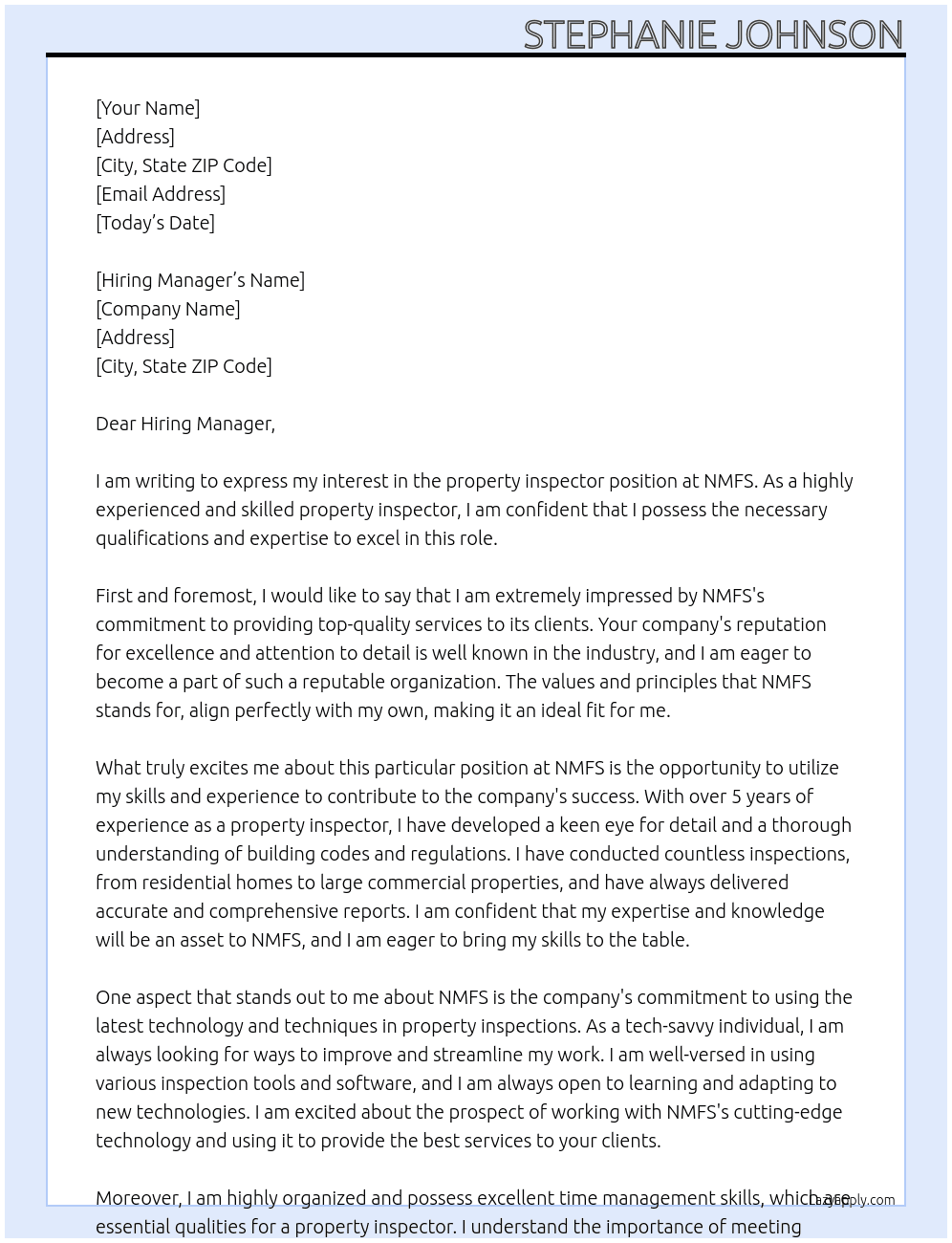 property inspector At NMFS Cover Letter