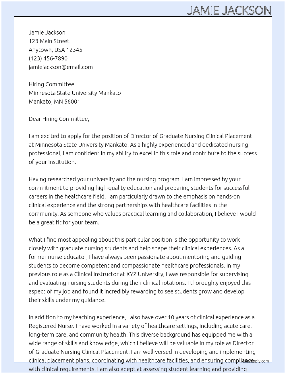 Director of Graduate Nursing Clinical Placement At Minnesota State University Mankato Cover Letter