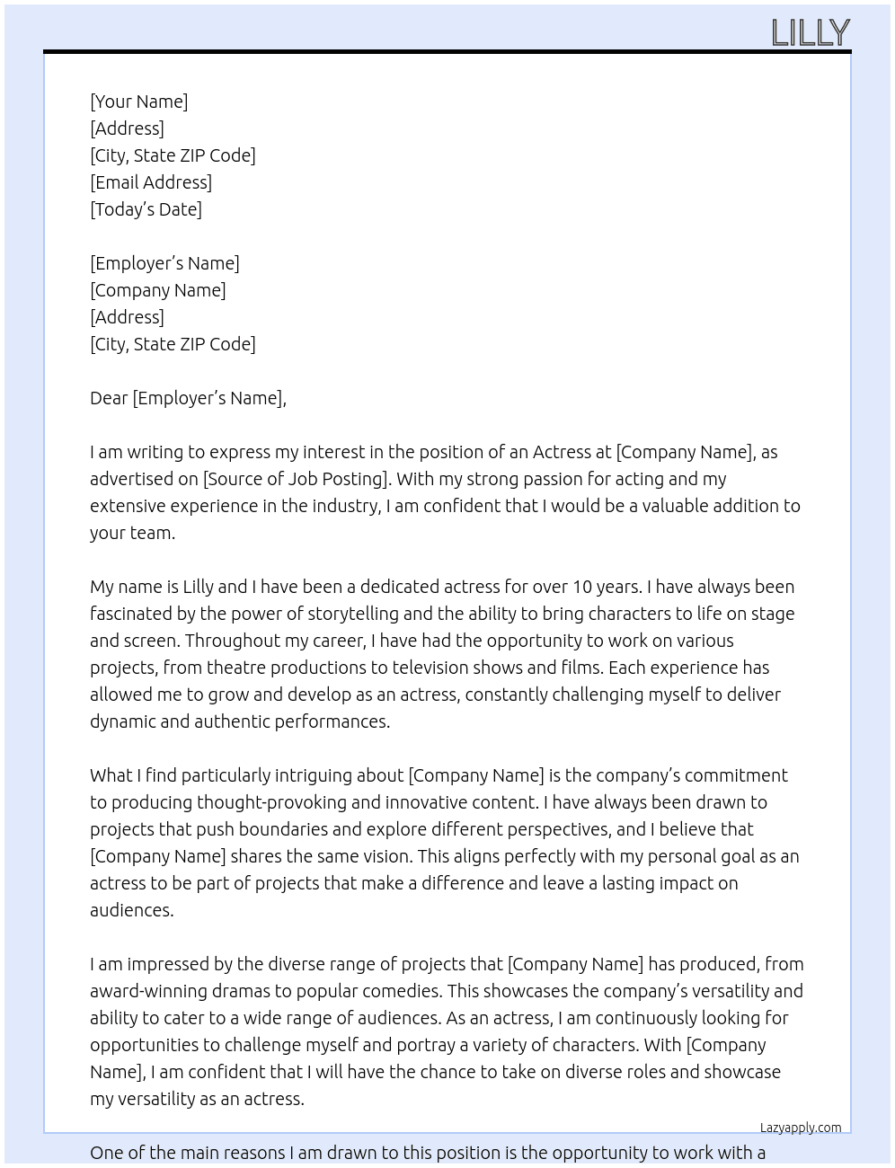 Actress At . Cover Letter