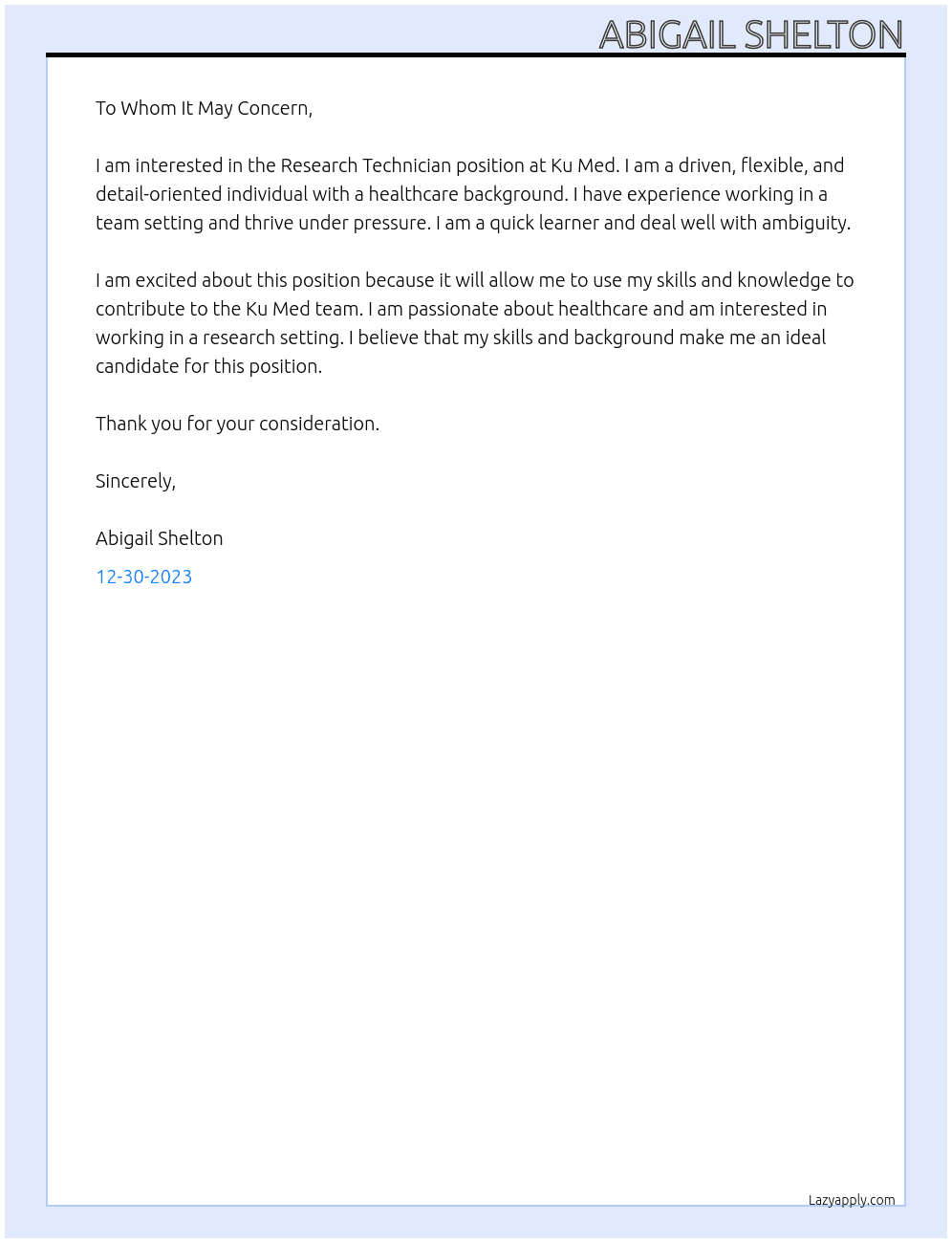 Research Technician  At Ku Med  Cover Letter