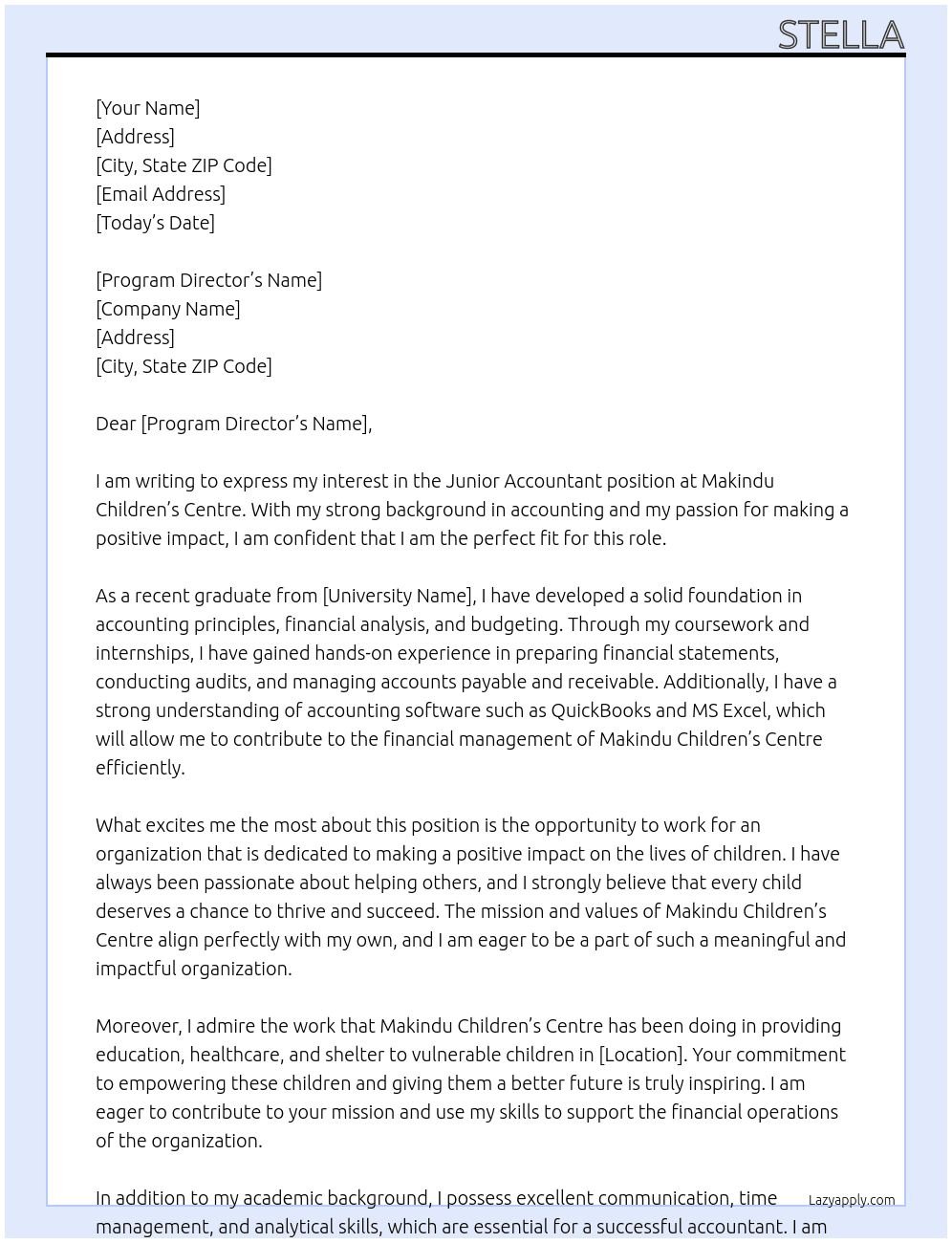Junior accountant  At Makindu Children's Centre Cover Letter