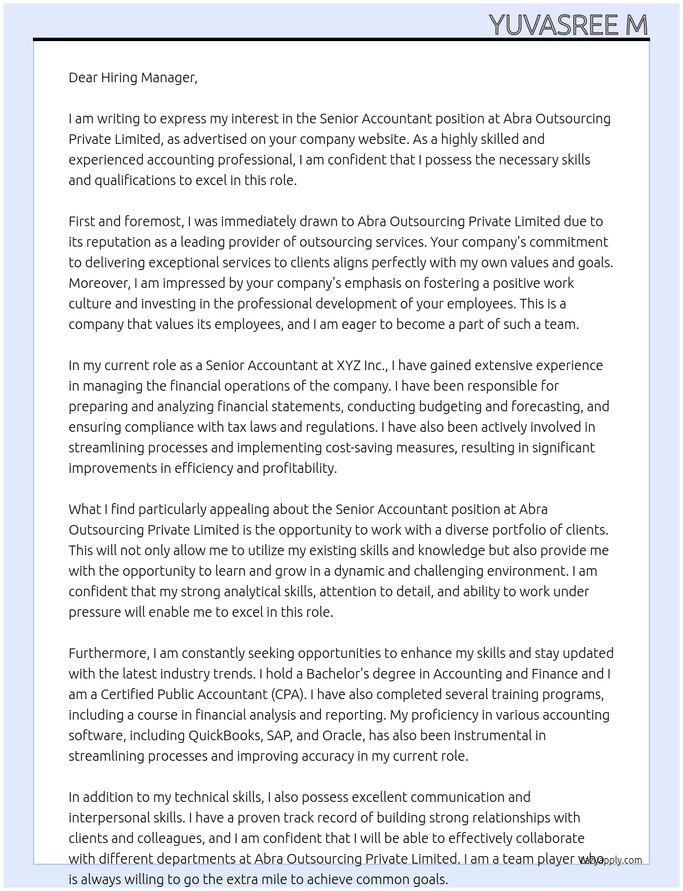 Senior Accountant At Abra Outsourcing Private Limited Cover Letter