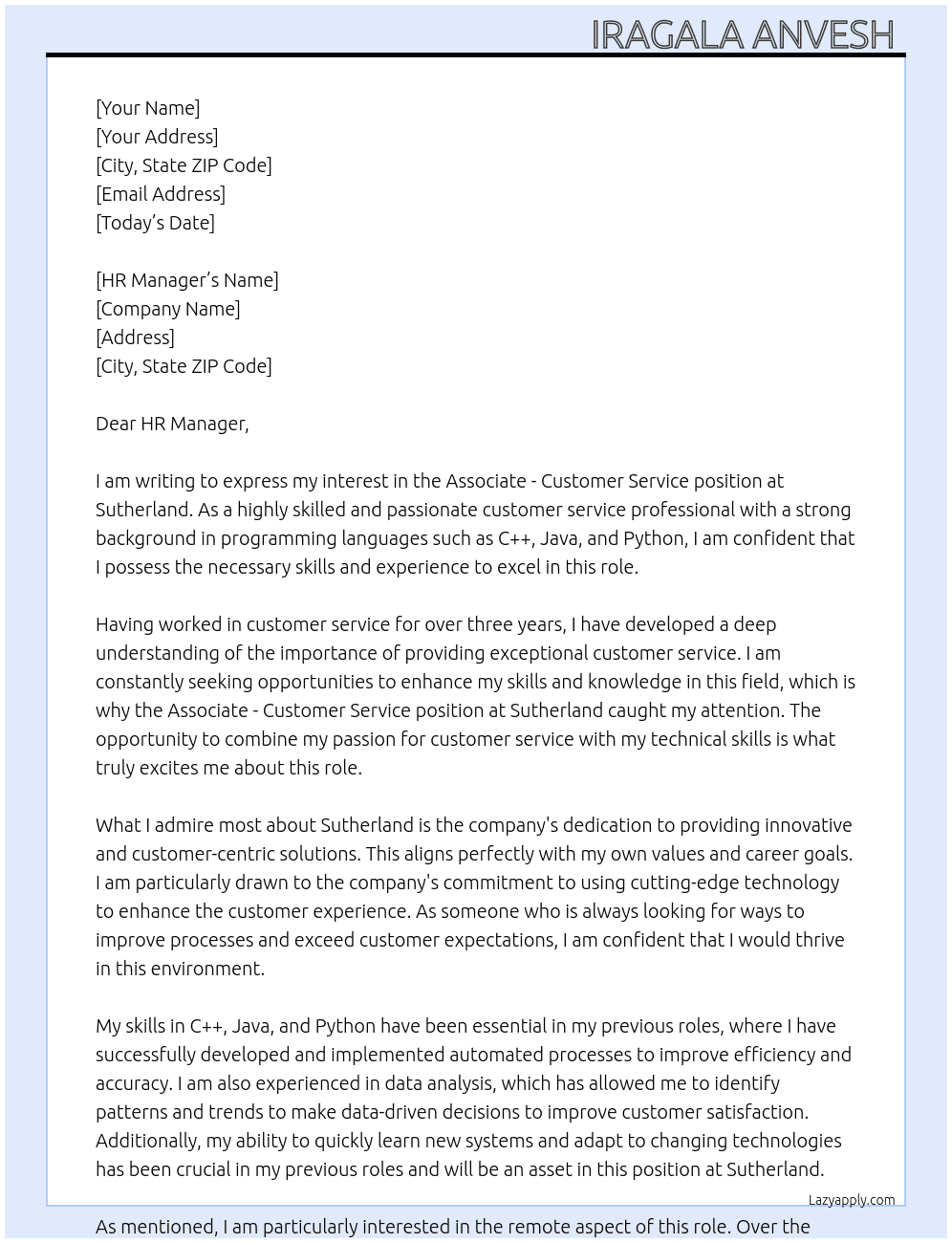 Associate - Customer Service At Sutherland  Cover Letter