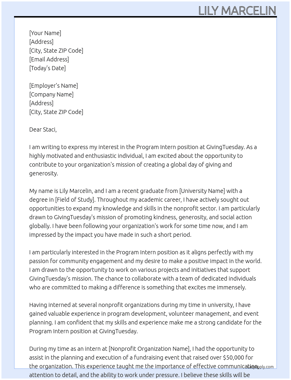 Program Intern At GivingTuesday Cover Letter